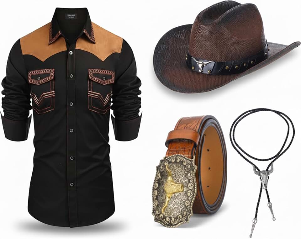 Set of four Halloween cowboy outfits with shirts and belts