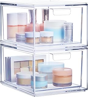 Stackable Clear Plastic Organizer Bins for Cosmetics, 2 Pack