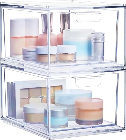Stackable Clear Plastic Organizer Bins for Cosmetics, 2 Pack