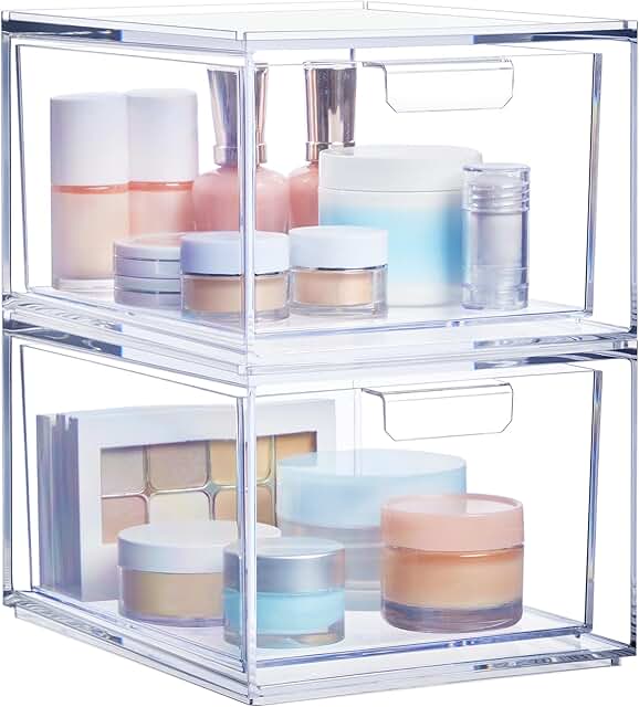Stackable Clear Plastic Organizer Bins for Cosmetics, 2 Pack