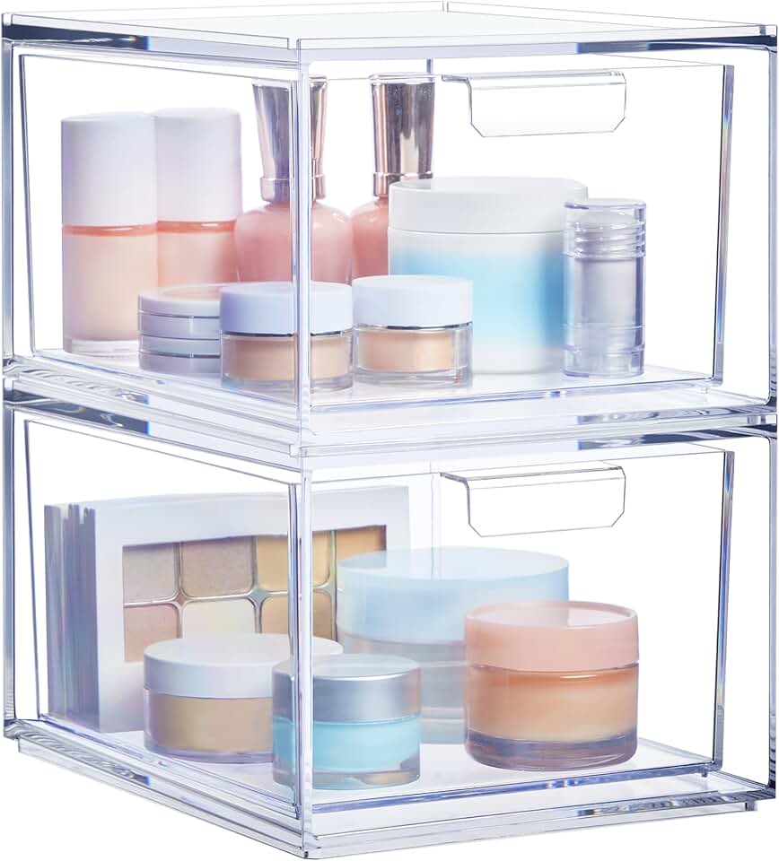 Stackable Clear Plastic Organizer Bins for Cosmetics, 2 Pack
