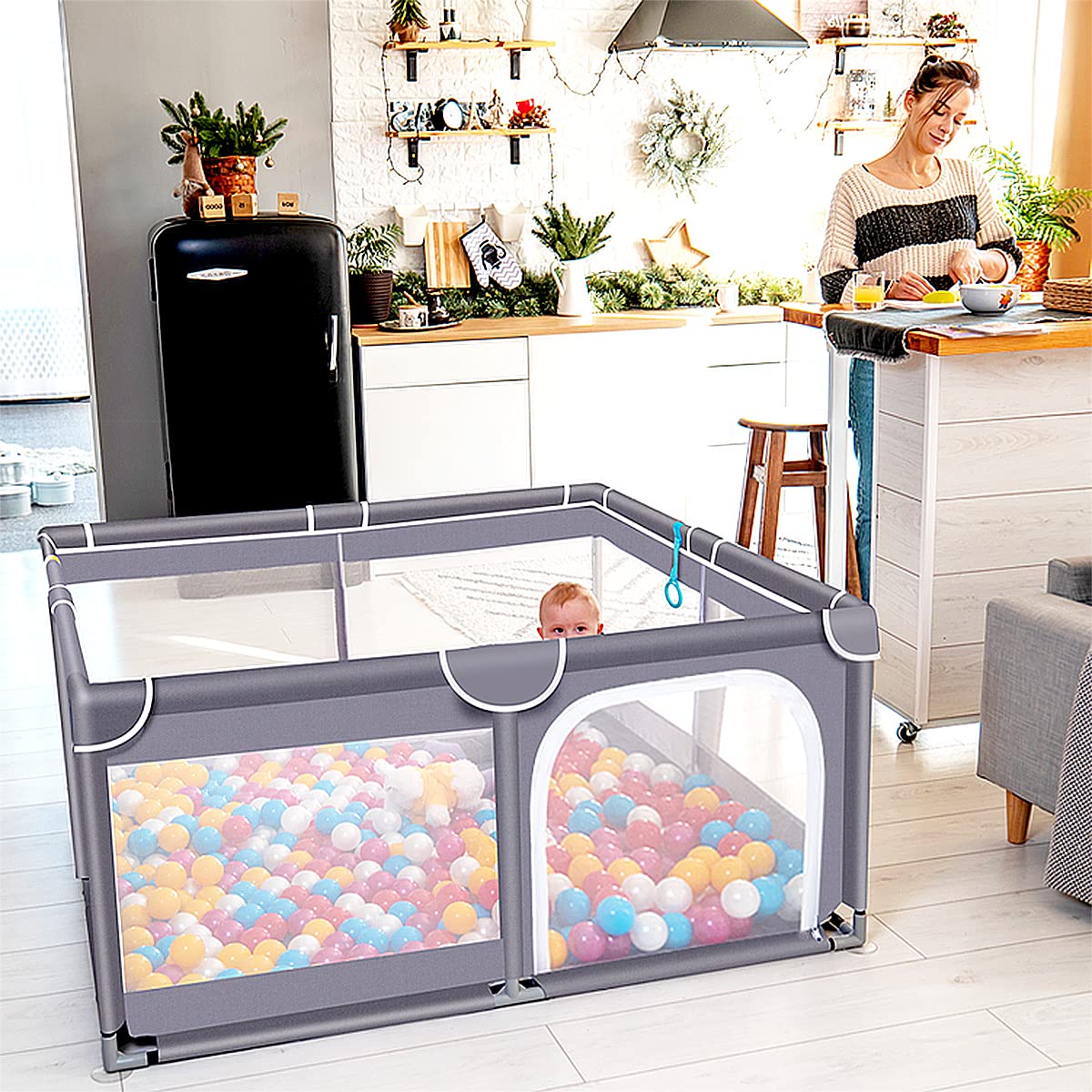 Baby Playpen for Toddler, Large Baby Playard, Indoor  Outdoor Kids Activity Center with Anti- Base, Sturdy Safety Play Yard with Soft Breathable Mesh, Playpen for Babies(Gray,5050)