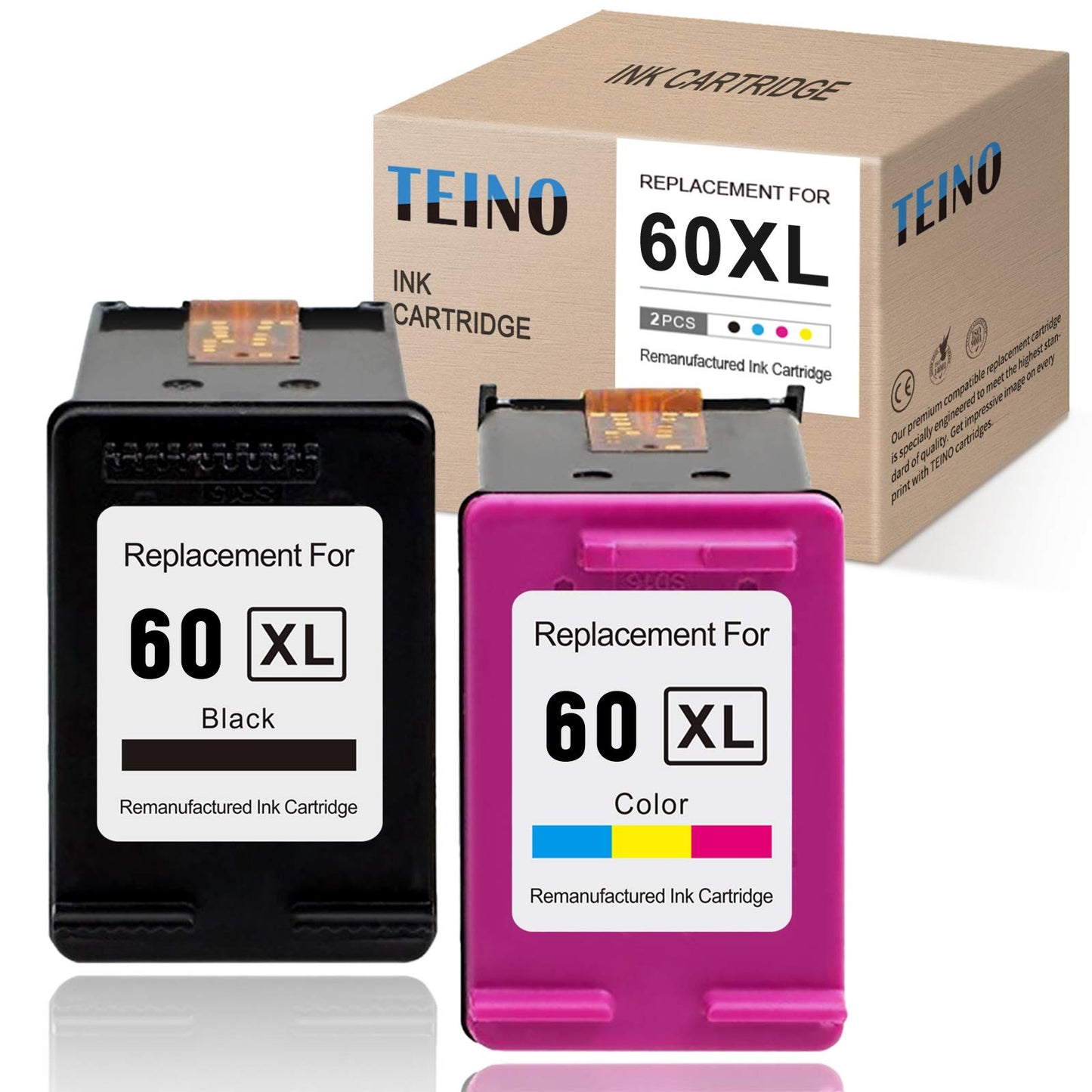 Remanufactured Ink Cartridge Replacement for HP 60 XL 60XL for PhotoSmart C4780 C4795 C4680 C4650 D110 D110a DeskJet F4480 F4280 F4580 D2530 D2545 Envy 100 Printer (Black, Tri-Color, 2-Pack)