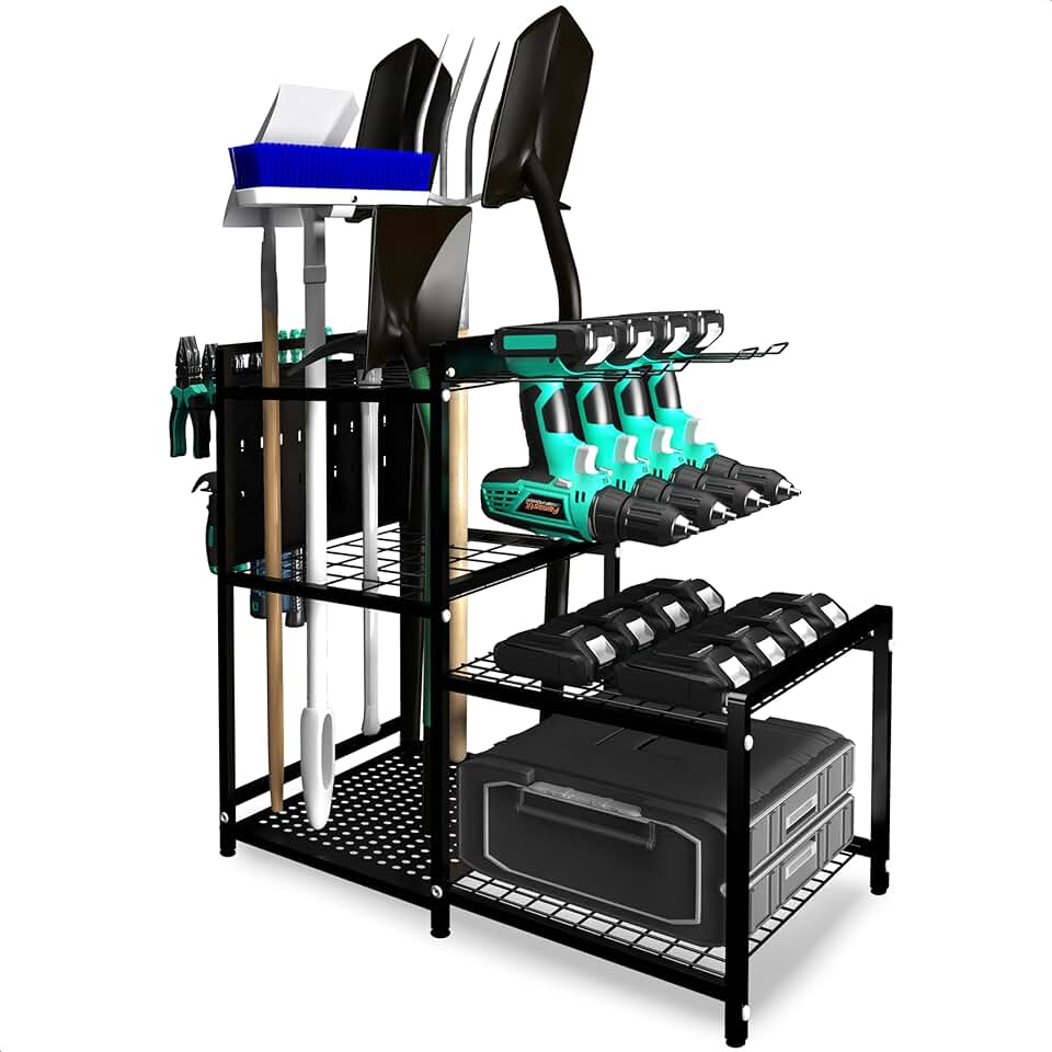 Garden Tool Organizer Rack with Handle Slots and Hooks