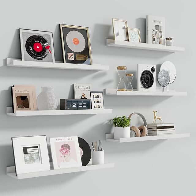Set of 6 24-Inch White Floating Shelves for Wall Storage