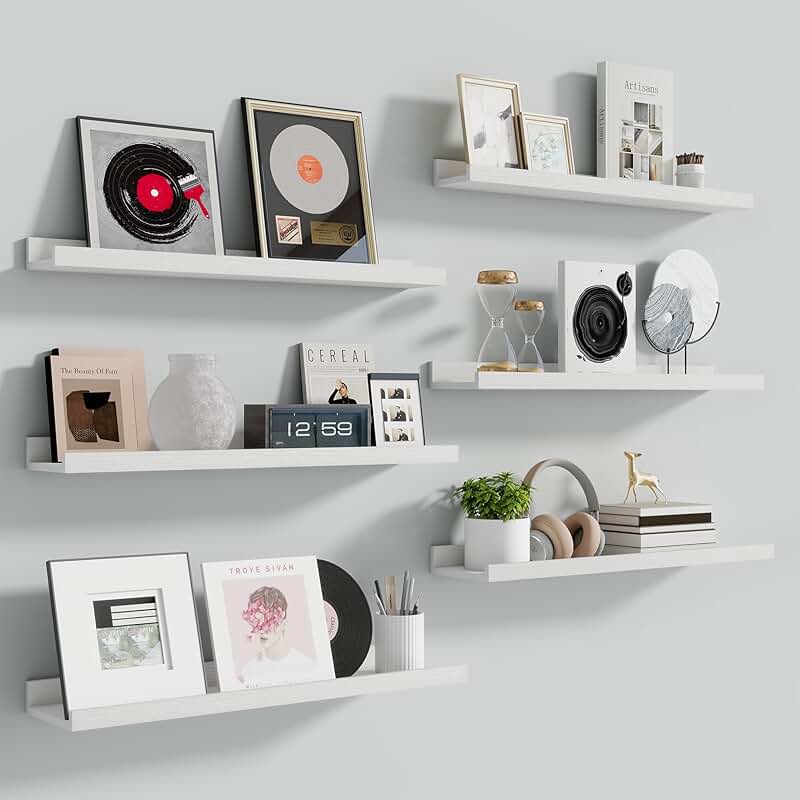 Set of 6 24-Inch White Floating Shelves for Wall Storage