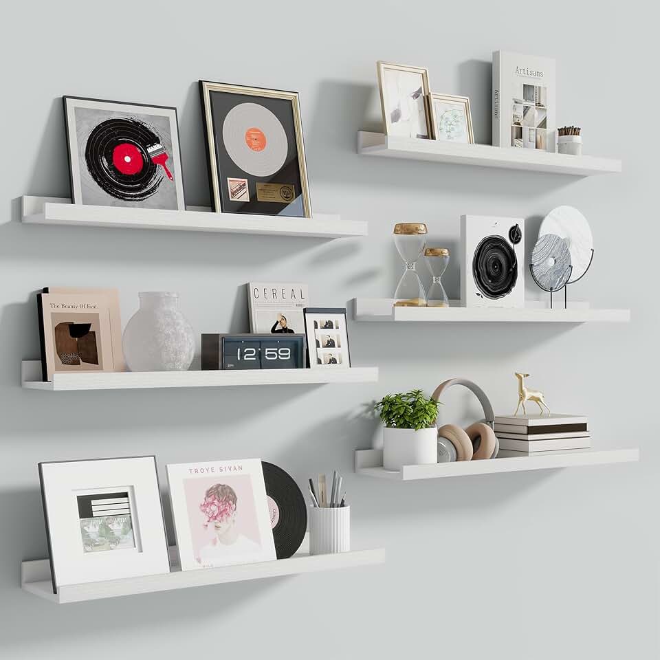 Set of 6 24-Inch White Floating Shelves for Wall Storage