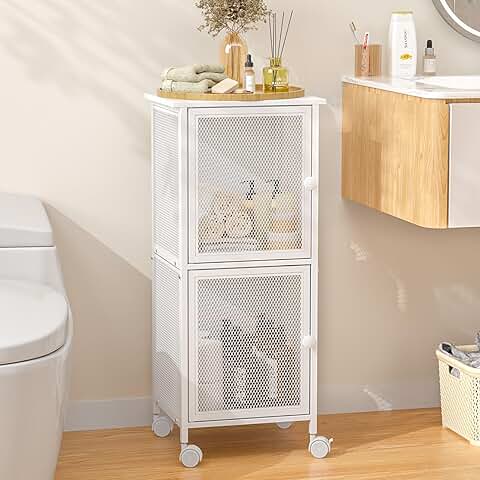 Small Wooden Bathroom Storage Cabinet with Wheels