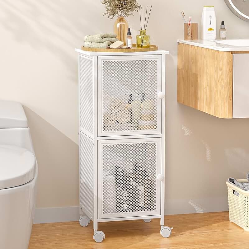 Small Wooden Bathroom Storage Cabinet with Wheels