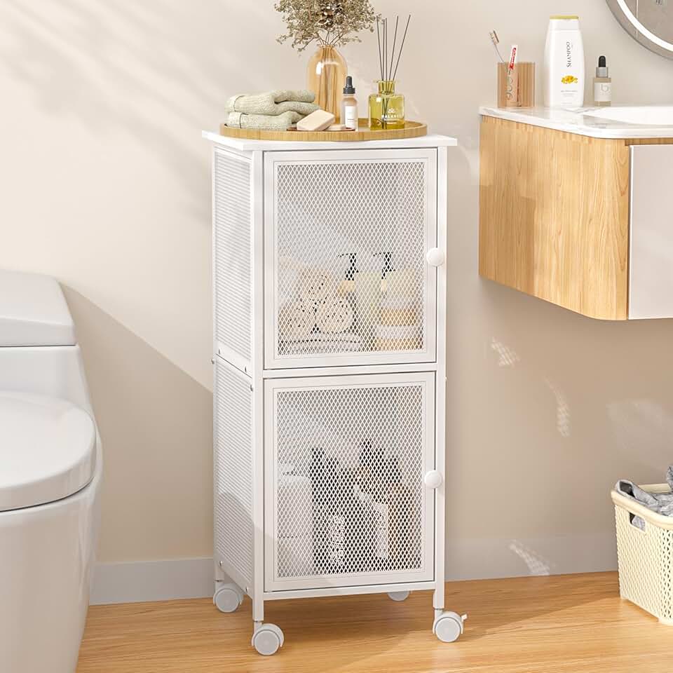 Small Wooden Bathroom Storage Cabinet with Wheels