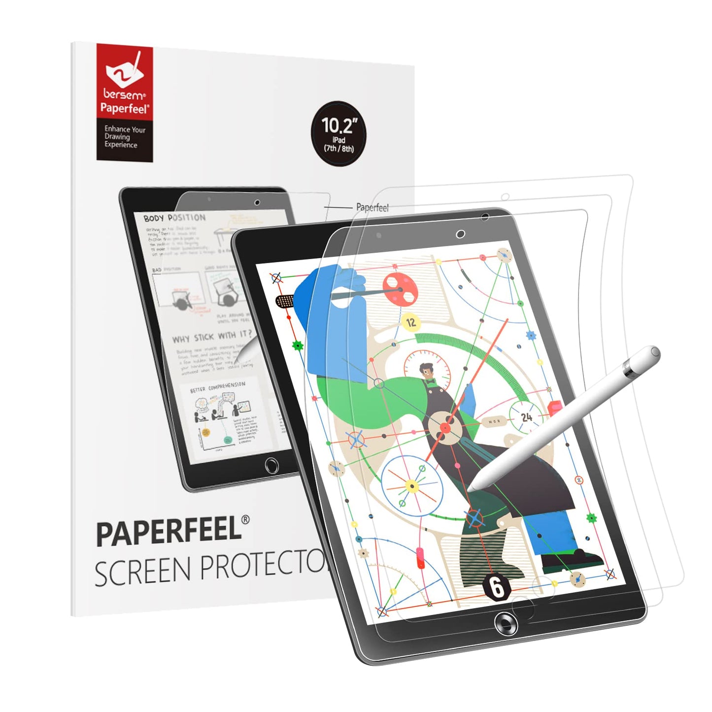 [3 Pack] Paperfeel Screen Protector compatible with iPad (10.2-Inch, 2021/2020/2019 Model, 9th / 8th / 7th Generation), Paperfeel Film