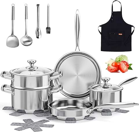 16-Piece Stainless Steel Cookware Set with Lids and Utensils