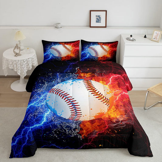 Baseball Bedding for Kids Teens, Sport Theme Comforter King Size for Boys Softball Quilt Comforter Ice Print Duvet, Ball Gamer Gaming Bedding Set Red Blue Black Home Room Decor 3Pcs