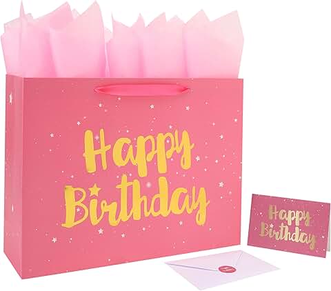 Large pink birthday gift bag with handles and decorations