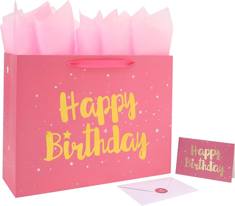 Large pink birthday gift bag with handles and decorations