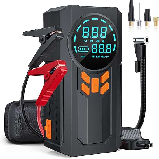 Portable Jump Starter with Air Compressor and LED Light