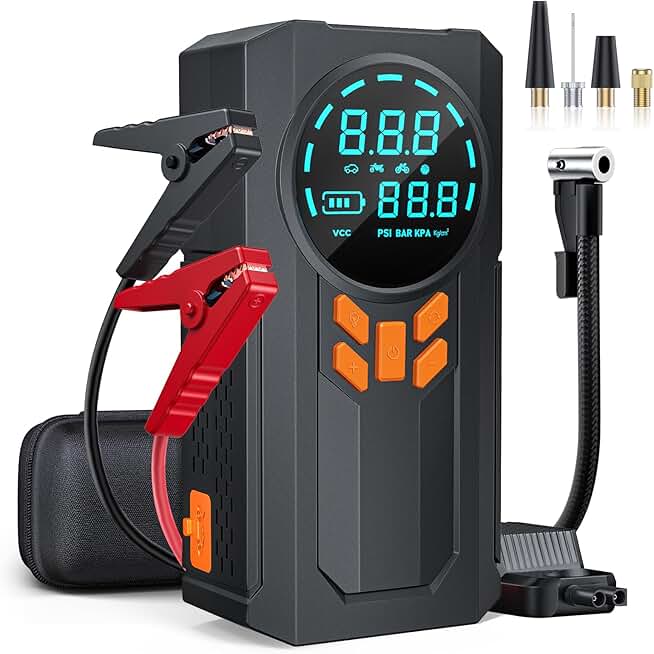 Portable Jump Starter with Air Compressor and LED Light