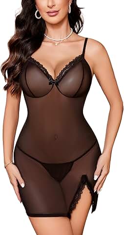 Sexy Sheer Mesh Babydoll Lingerie with Side Slit