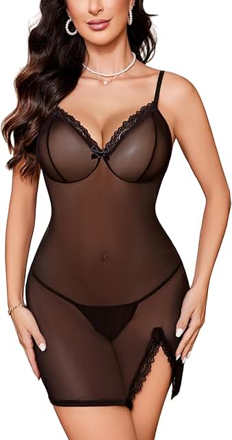 Sexy Sheer Mesh Babydoll Lingerie with Side Slit