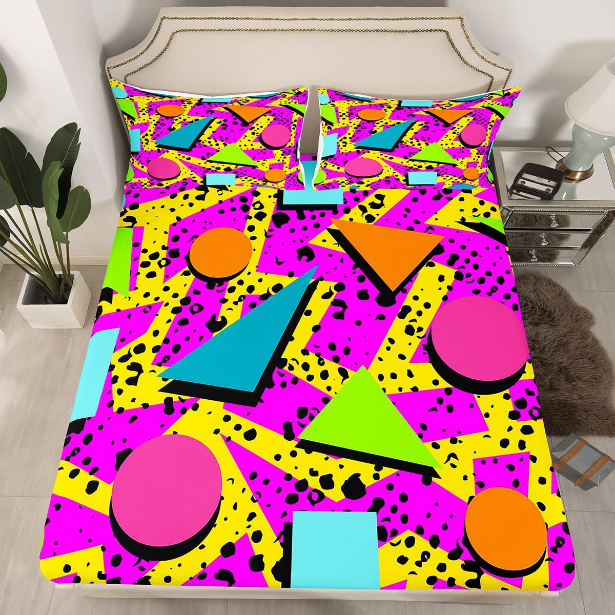Memphis Geometric Pattern Fitted Sheet Full Size,Retro 80S Style Bed Sheets Urban Modern Design With Circles and Triangle Shapes Sheet Set Eighties Funky Hipster Old Fashioned Bedroom Decor