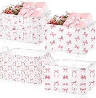 Pink Bow Storage Baskets, 4 Pack, Foldable Laundry Bins