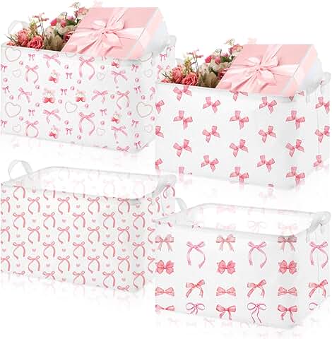 Pink Bow Storage Baskets, 4 Pack, Foldable Laundry Bins