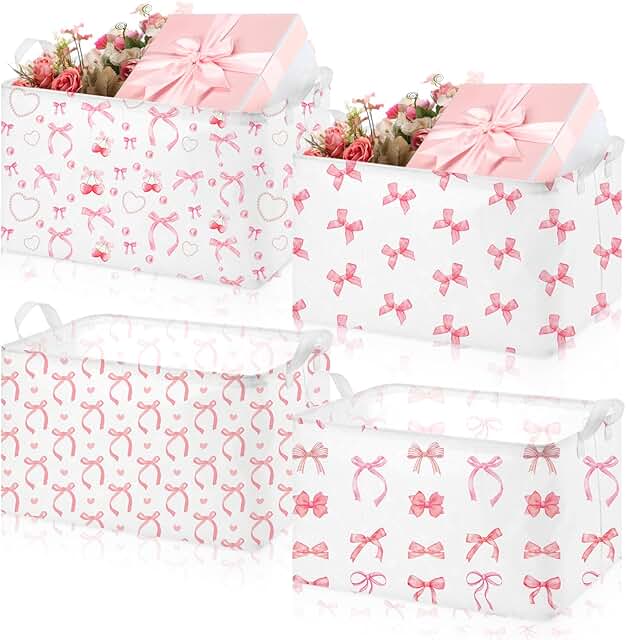 Pink Bow Storage Baskets, 4 Pack, Foldable Laundry Bins