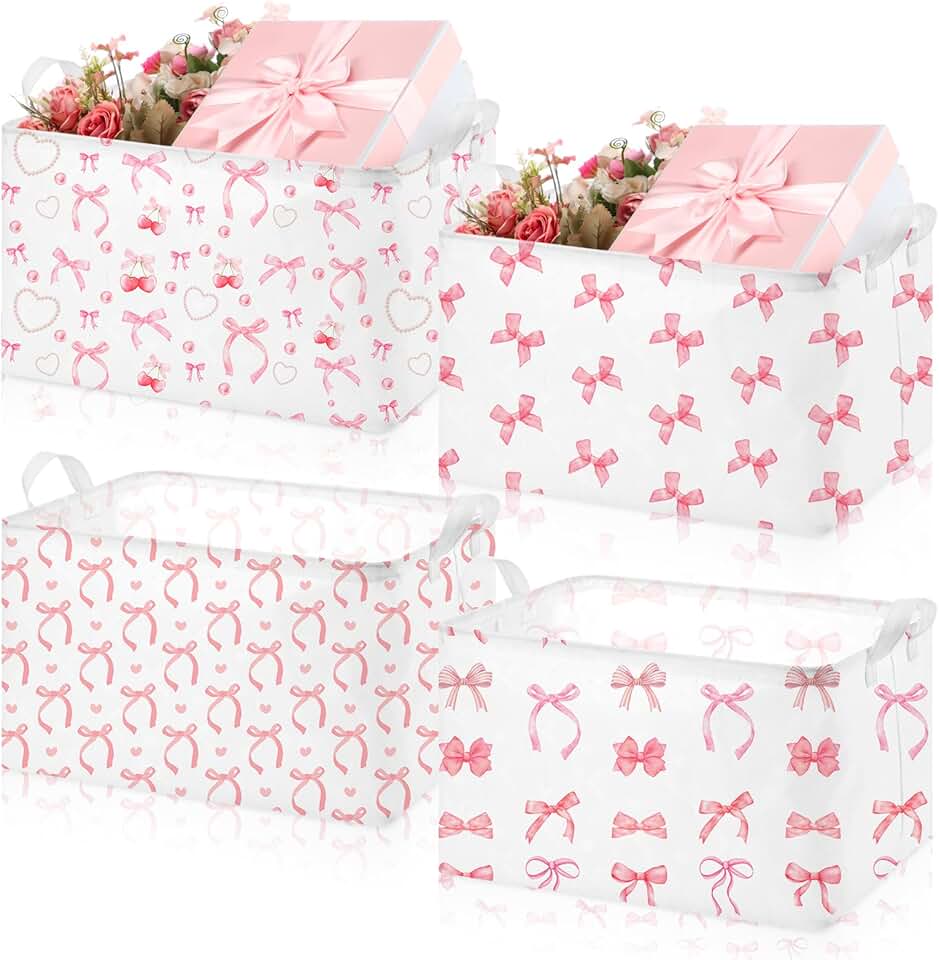 Pink Bow Storage Baskets, 4 Pack, Foldable Laundry Bins