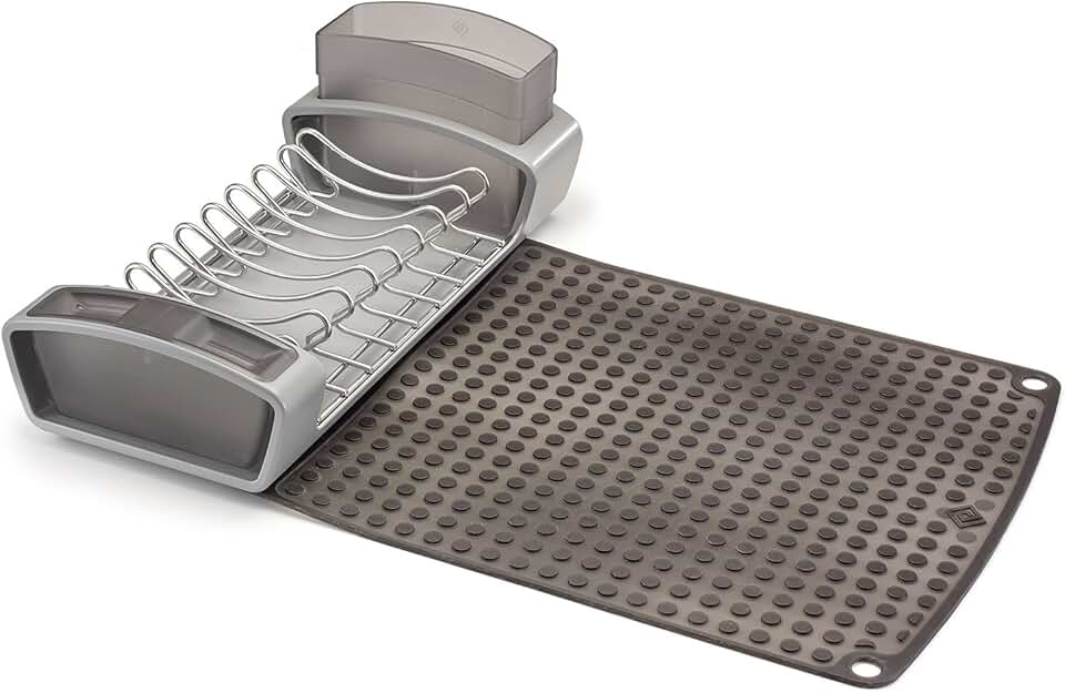 Foldable Gray Dish Rack with Knife Block and Utensil Bin