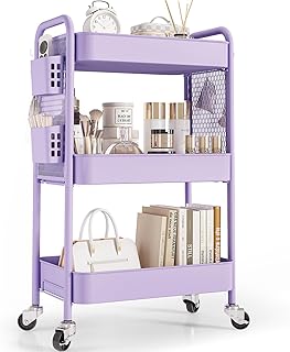 3-Tier Metal Rolling Storage Cart with Hooks and Bins