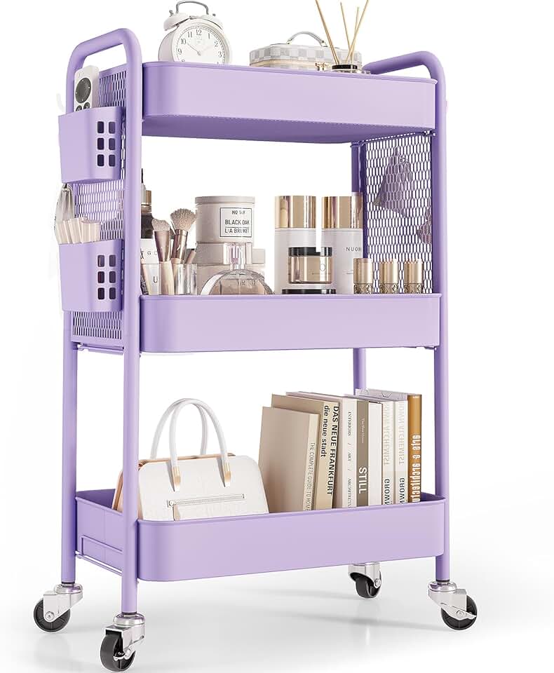 3-Tier Metal Rolling Storage Cart with Hooks and Bins