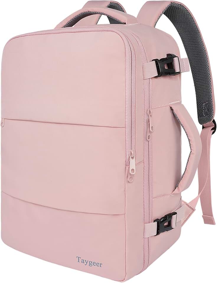 Pink travel backpack with USB port and shoe pouch