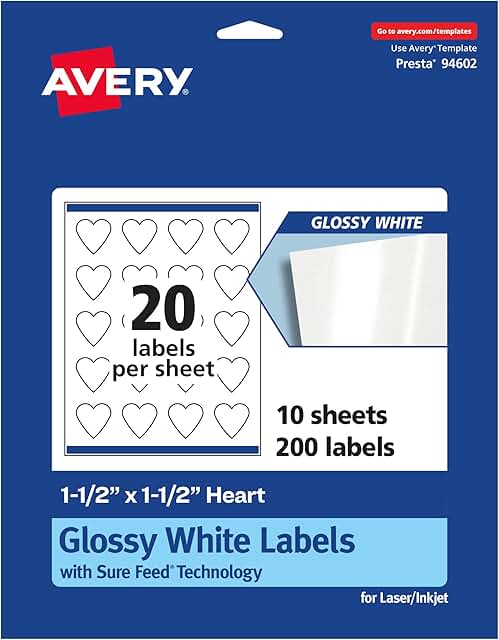 Glossy White Heart Labels, 1.5" x 1.5", 200 sheets