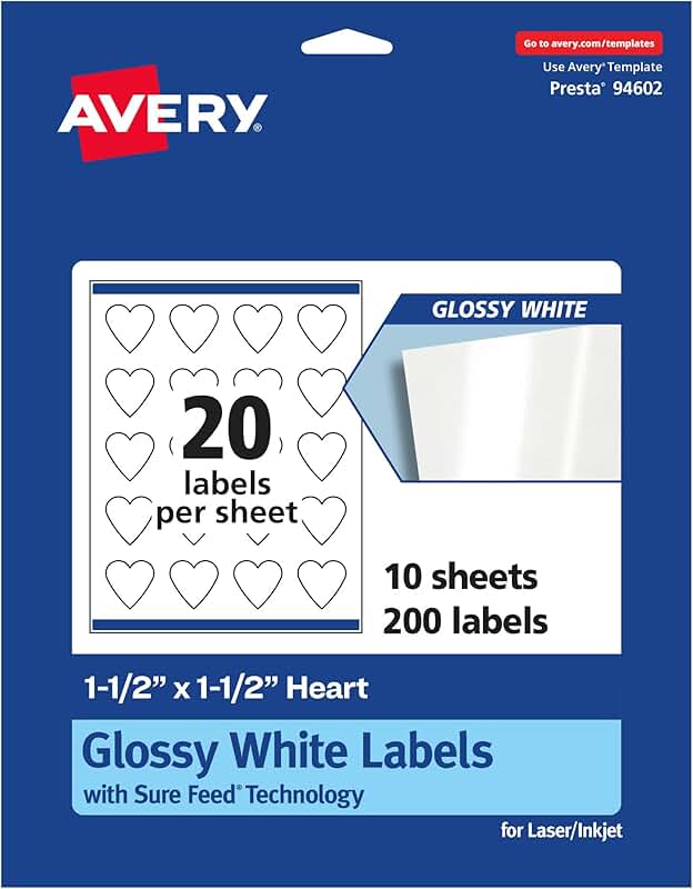 Glossy White Heart Labels, 1.5" x 1.5", 200 sheets