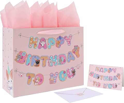 Large Pink Cat Birthday Gift Bag with Card and Decorations