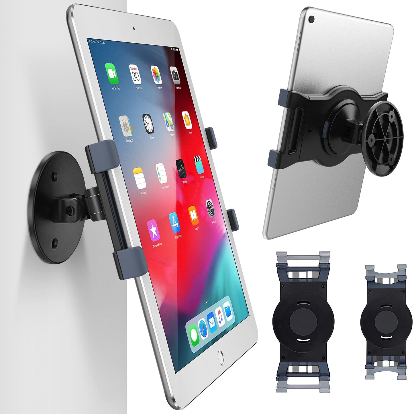 iPad Wall Mount, Swivel 360 Rotating Tablet Holder Two Brackets to Fit 6.6-13" Tablets, Horizontal/Vertical Tilt iPad Arm for Flexible Viewing Angles in Kitchen Showroom Retail Store (Black)
