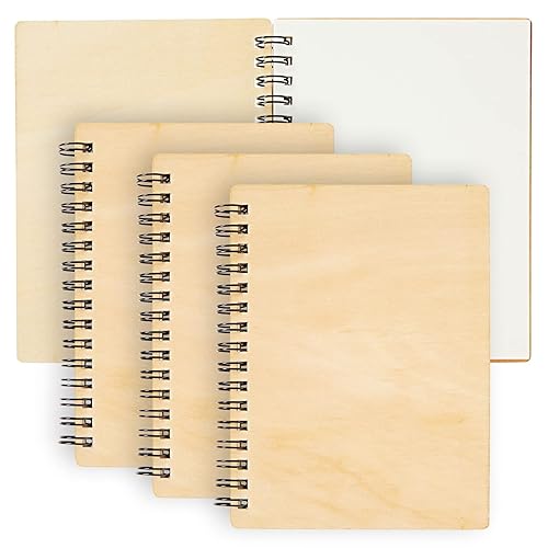 Set of four rustic wood cover notebooks, 4.5 x 5.8 inches