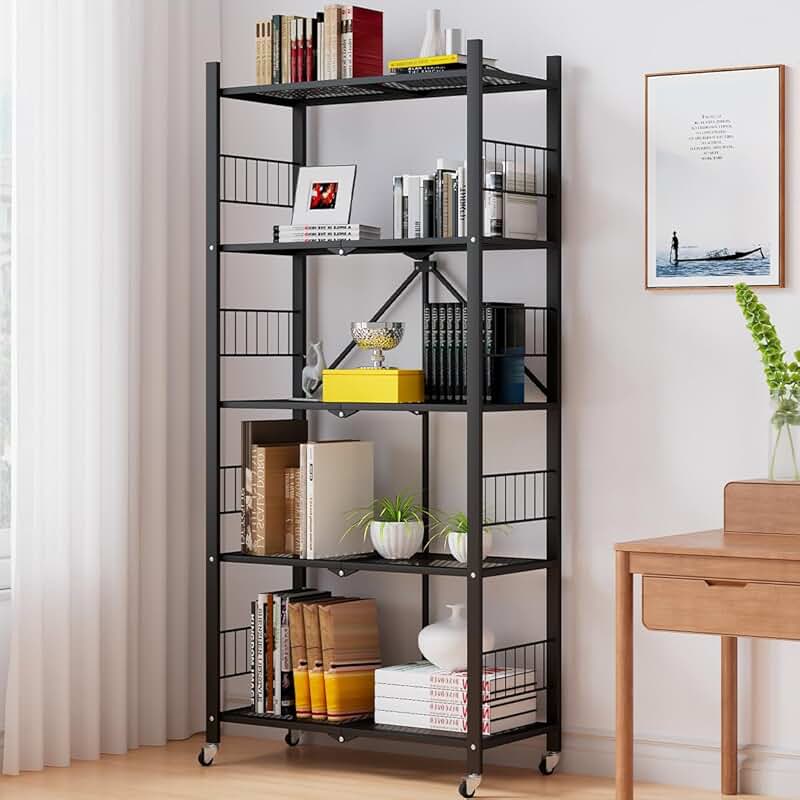 Folding 3-5 Tier Metal Storage Shelves with Wheels