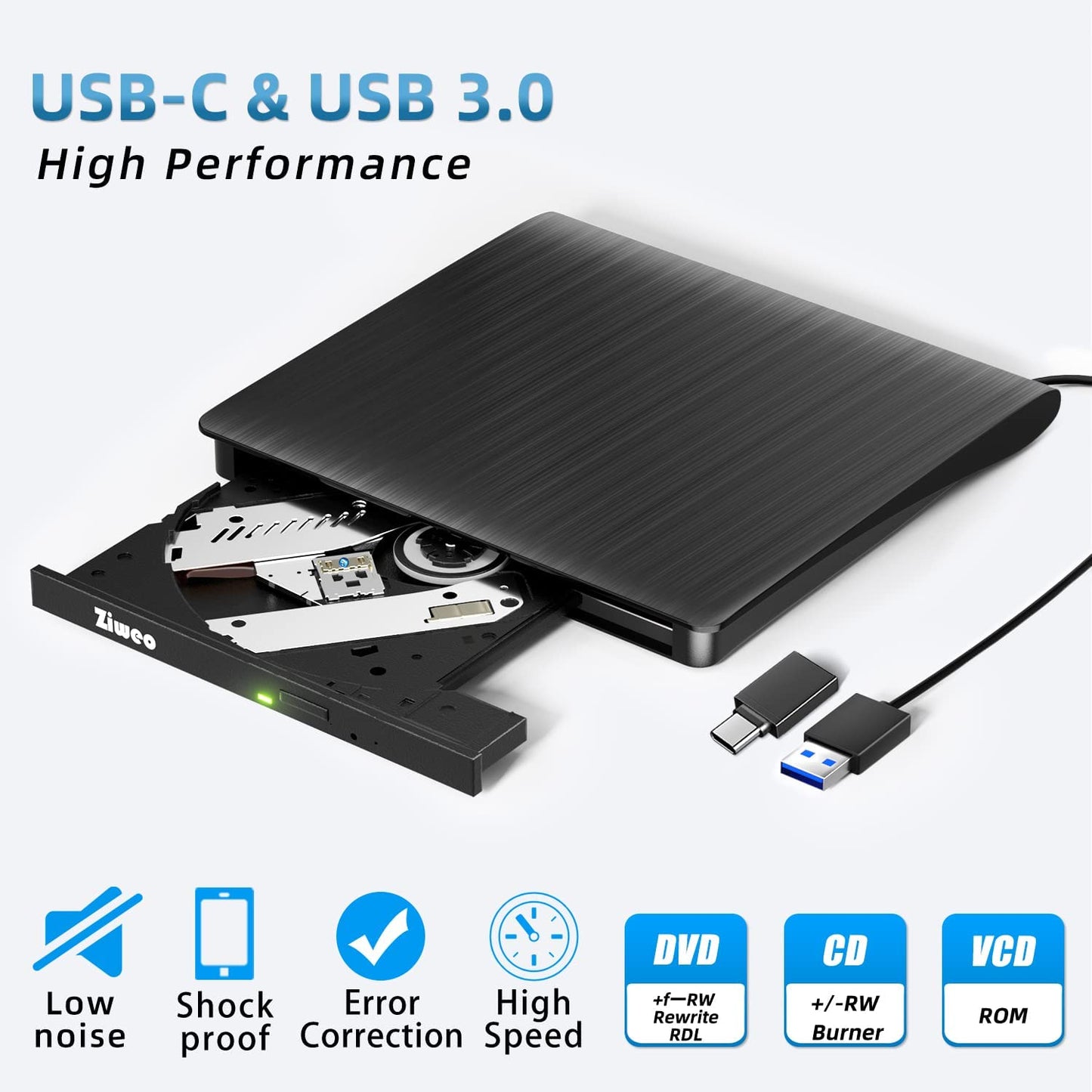 External DVD Drive USB 3.0 Type-C CD Burner Portable CD DVD +/-RW Drive DVD Player for Laptop CD ROM Rewriter Burner Compatible with Laptop Desktop PC Windows MacBook Mac Linux Mac OS