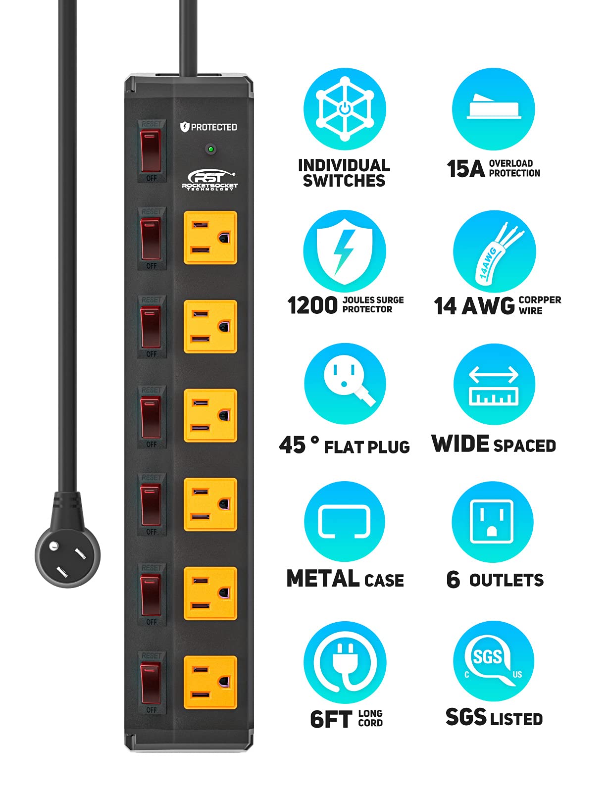 6 Outlet Heavy Duty Power Strips with Individual Switches, 15A/1875W Metal Power Strip Surge Protector with Circuit Breaker (1200 Joules), 6 FT Cord 14AWG