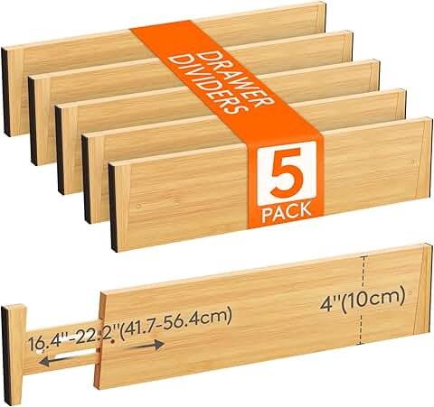 Set of 5 Adjustable Bamboo Drawer Dividers for Clothes