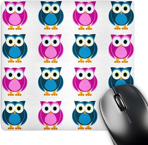 Blue and pink owl print mouse pad, 8 x 8 inches