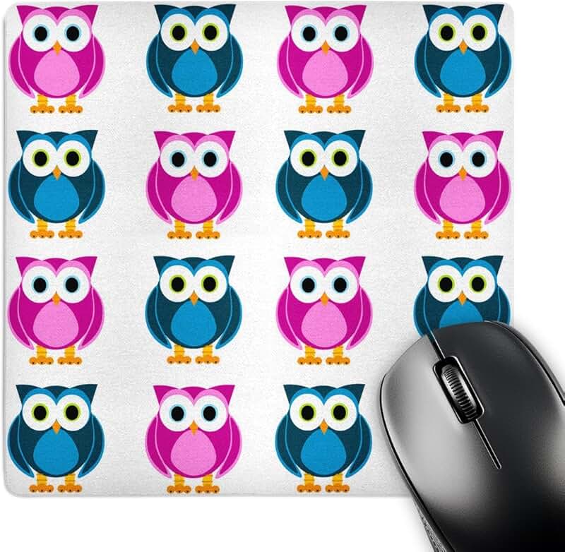 Blue and pink owl print mouse pad, 8 x 8 inches