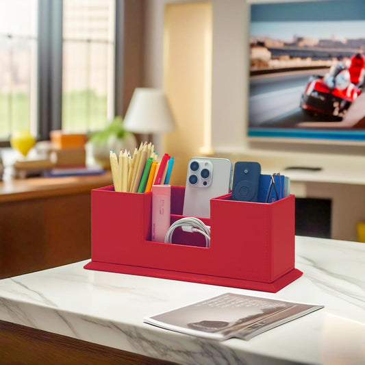 Red Leather Desk Organizer with Multiple Compartments