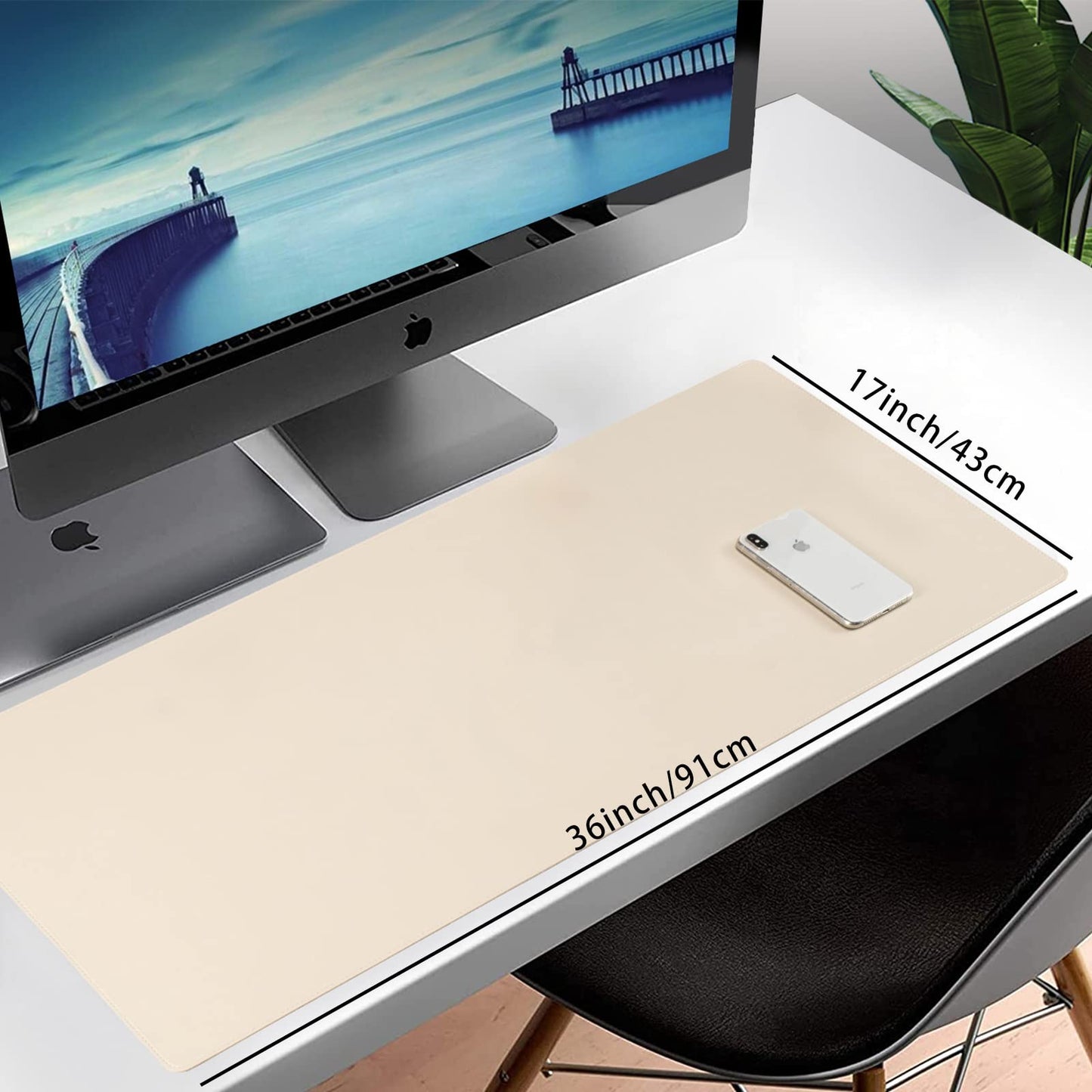 Leather Desk Pad Blotter, 36x17 inch Big Keyboard Mouse Pad,Waterproof Non-Slip Writing Desk Computer Mat Desktop Protector for Office Home,Ivory White