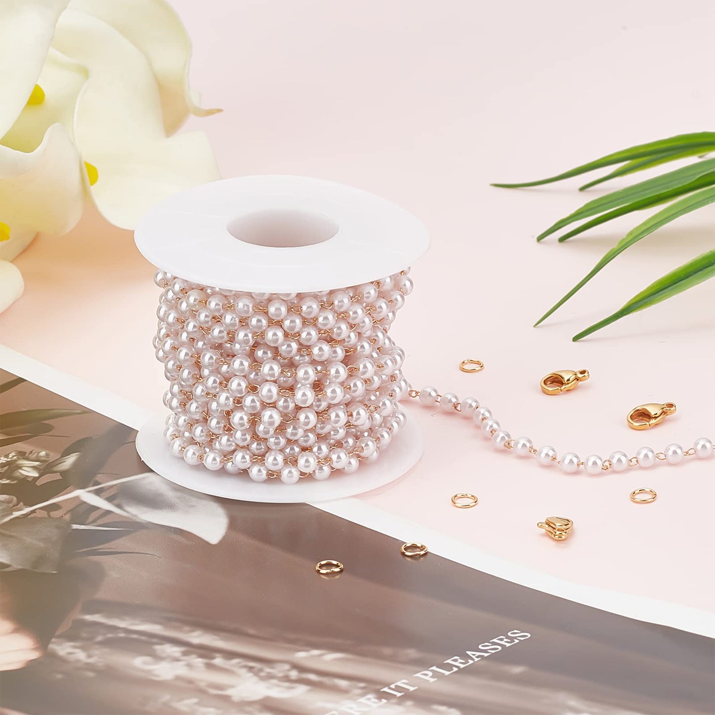 16.4 Feet Pearl Beading Chain with Gold Plated Cable Chain for Jewelry Making