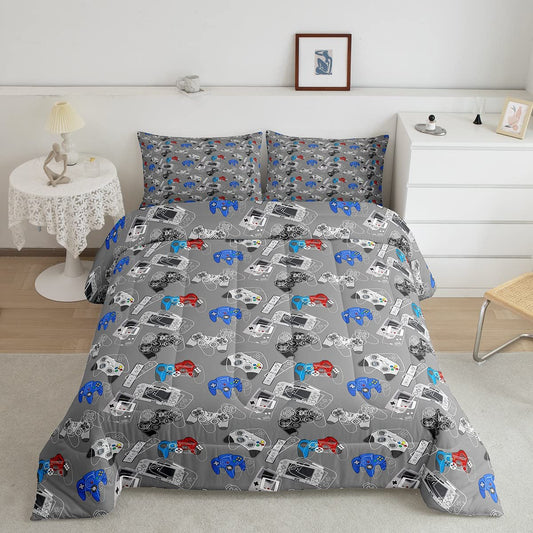 Gaming Comforter Set Twin for Boys Video Game Bedding Set Cartoon Gamepad Gamer Down Comforter, Soft Microfiber Grey White Reversible Bedding Comforters Game Controllers Print