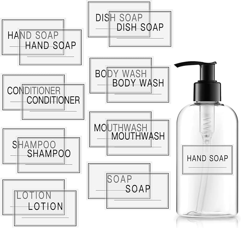 48 Waterproof Clear Bottle Labels for Shampoo, Soap, Lotion