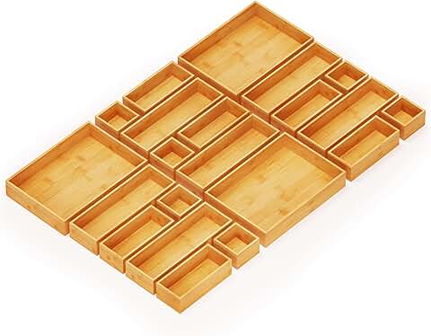21-Piece Bamboo Drawer Organizer Set for Kitchen, Bathroom, and Office