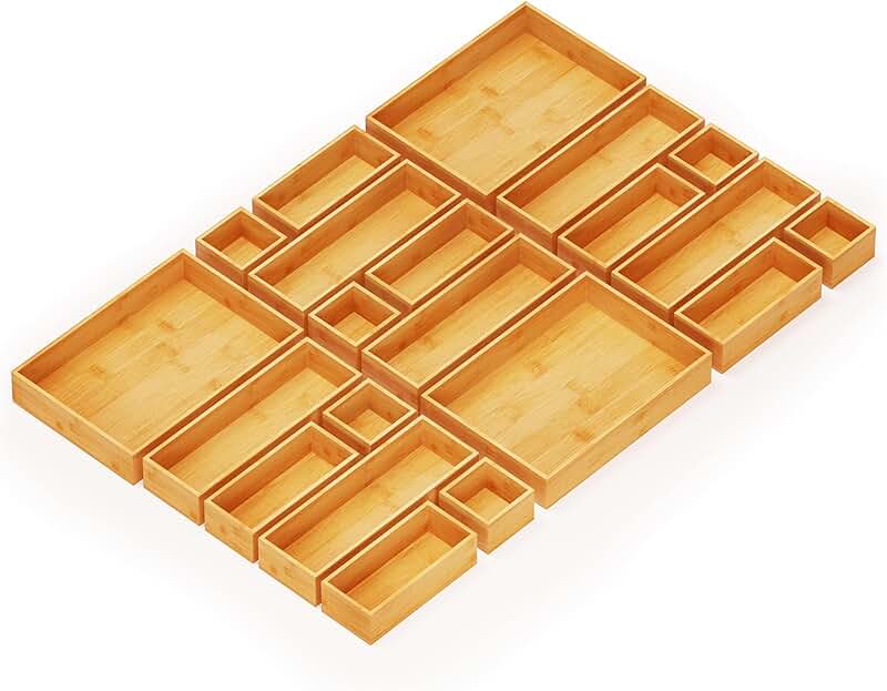 21-Piece Bamboo Drawer Organizer Set for Kitchen, Bathroom, and Office